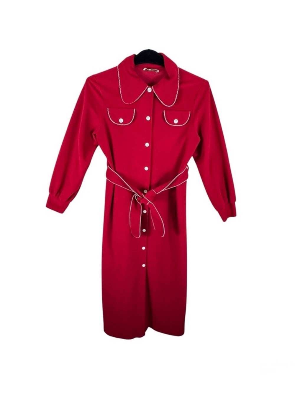 Vassarette Vintage Red Velour Long Collared Button Front Belted Housecoat Robe M